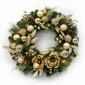 Gold Magnolia Holiday Wreath with LEDs